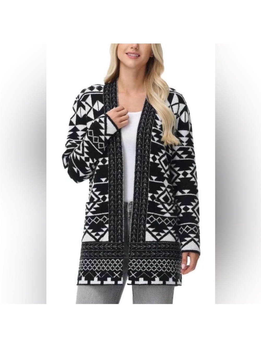Frye The Cozy Cardigan - Black & White Geometric Open Cardigan